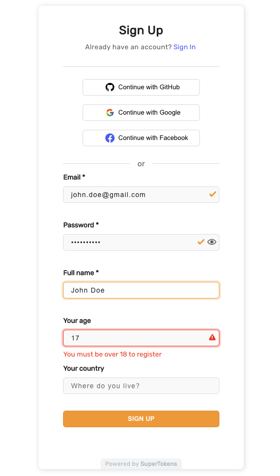 Prebuilt sign up form with custom validation